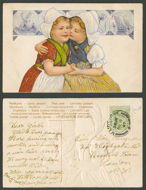 Netherlands Dutch Girls Kissing National Costumes 1907 Old Embossed Art