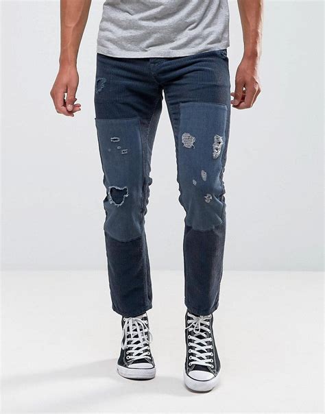 asos slim jeans in blue cord with rips and patches blue slim jeans mens jeans asos menswear