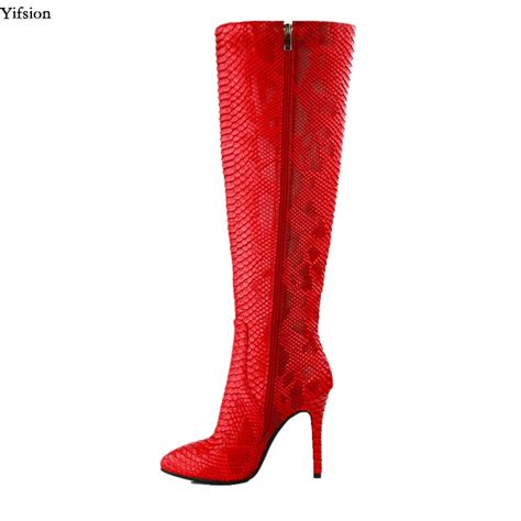 yifsion new fashion women winter knee high boots stiletto high heel red