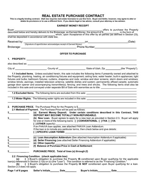 real estate purchase agreement form  printable documents