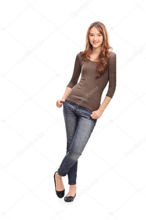 young woman leaning   wall stock photo  ljsphotography
