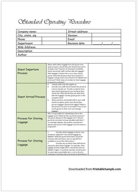 sop checklist template excel