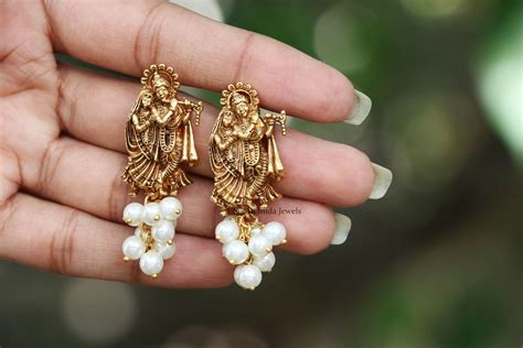 unique radha krishna pearl hanging earrings south india jewels