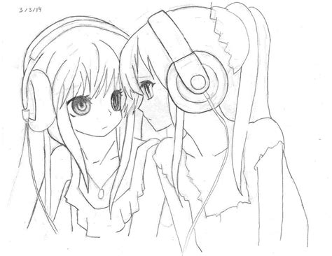 anime girls  headphones drawing  piethedon  deviantart