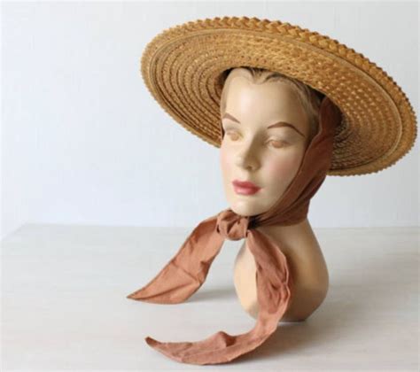 Wide Brimmed Straw Hats That Tie Under The Chin 1940s