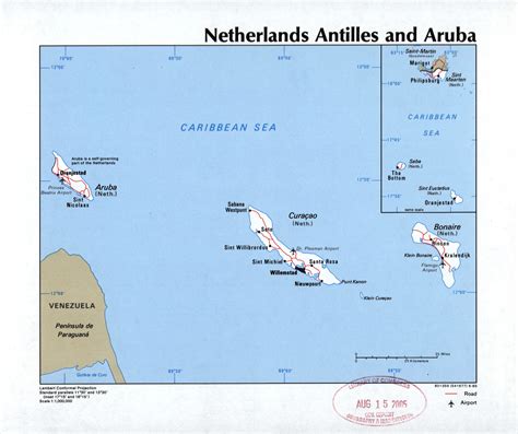 large detailed political map  netherland antilles  aruba  roads cities  airports