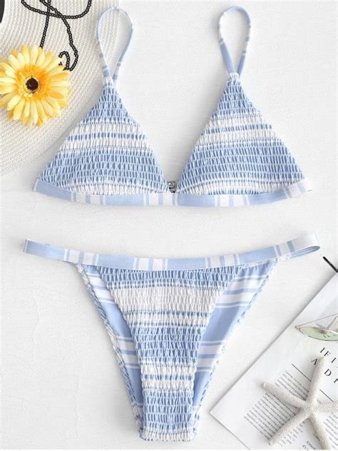 [25 Off] 2021 Zaful Striped Shirred String Bikini Set In Powder Blue
