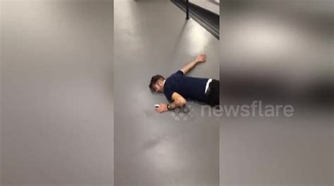 knackered man takes a tumble down the stairs after heavy night out