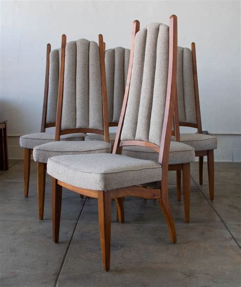 cal mode mid century modern high  dining chairs walnut gray cushion