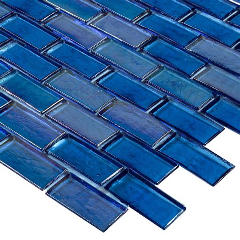 1x2 Blue Recycled Glass Iridescent Glossy Brick Mosaic Tile Mto0679