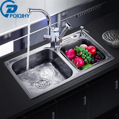 poiqihy  stainless kitchen sink deck mounted  soap dispenser washing vegetablebowl dual