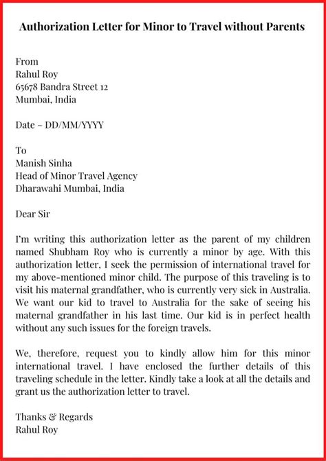 authorization letter  minor  travel  parents
