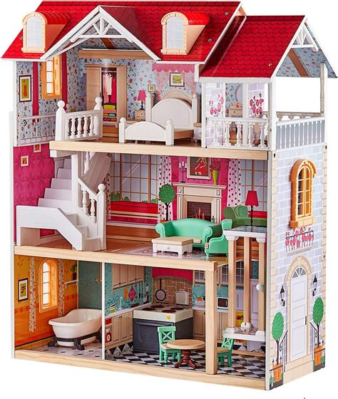 top bright wooden dolls house  girls large dollhouse toy  kids  furniture