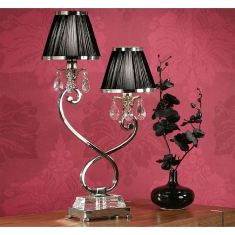Oksana Twin Light Table Lamp In Nickel And Crystal With Black Shades