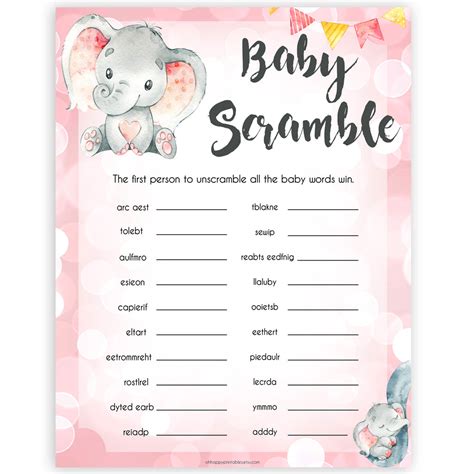 baby shower word scramble pink elephant printable baby shower games