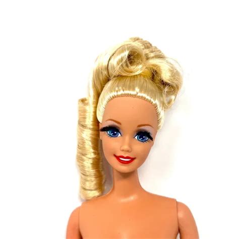 nude ooak blue rooted eyes red lips blond curly haired barbie doll