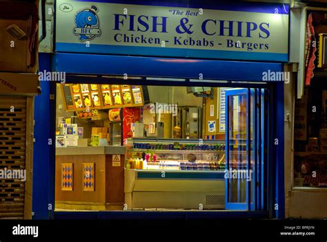 fish  chip shop  night stock photo alamy