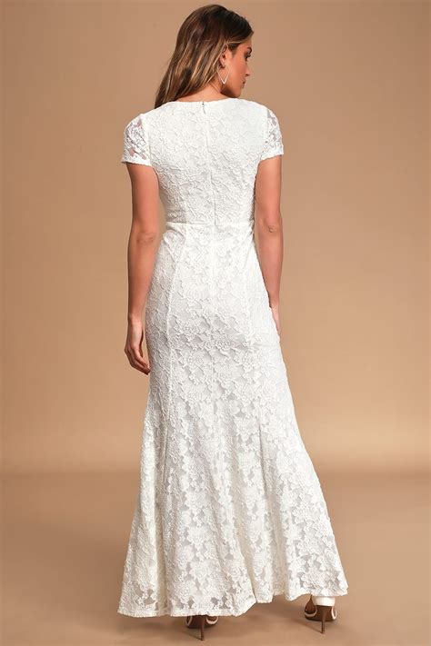 Undying Love White Lace Short Sleeve Mermaid Maxi Dress