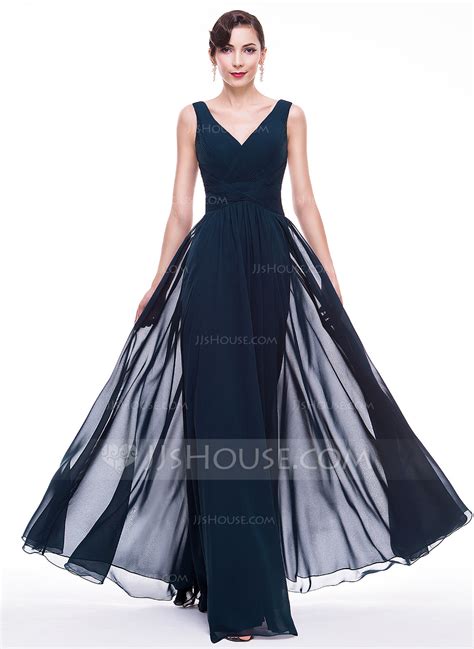 a line princess v neck floor length chiffon prom dress with ruffle
