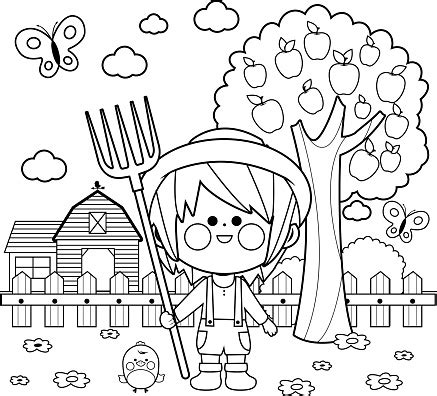 boy   farm coloring book page stock illustration  image