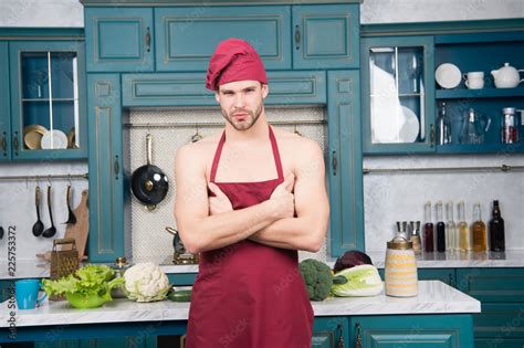Man Attractive Nude Chef Wear Apron And Hat Sexy Muscular Chef In