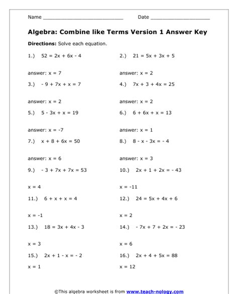 algebra combine  terms worksheet worksheet resource plans
