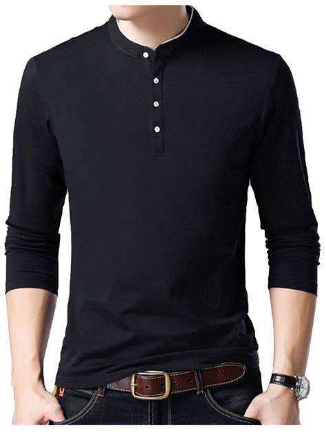 mens slim fit long sleeve casual  shirts polo stand collar button  shirt tops solid color