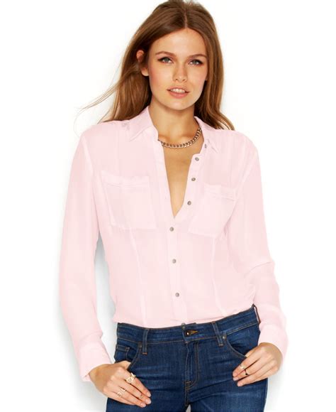Lyst Guess Long Sleeve Point Collar Sheer Blouse In Pink
