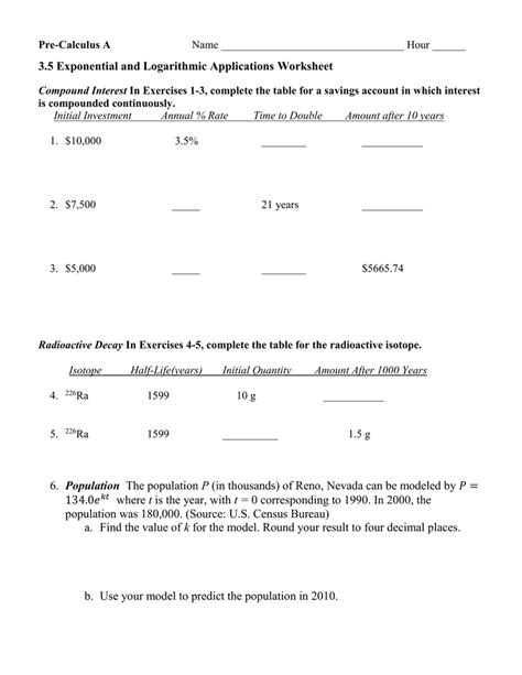 exponential  logarithmic applications worksheet