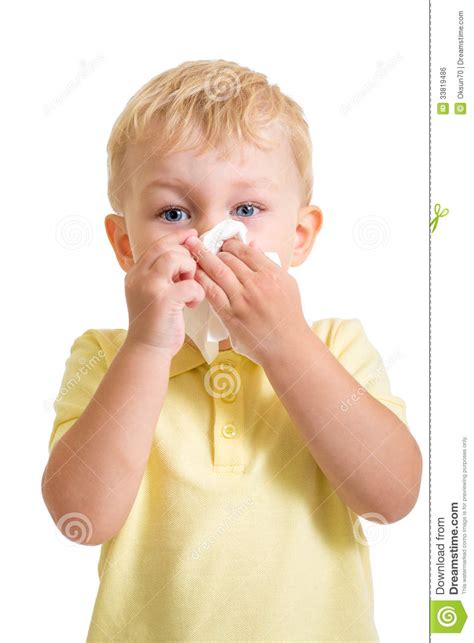kid cleaning nose  tissue isolated stock photo image