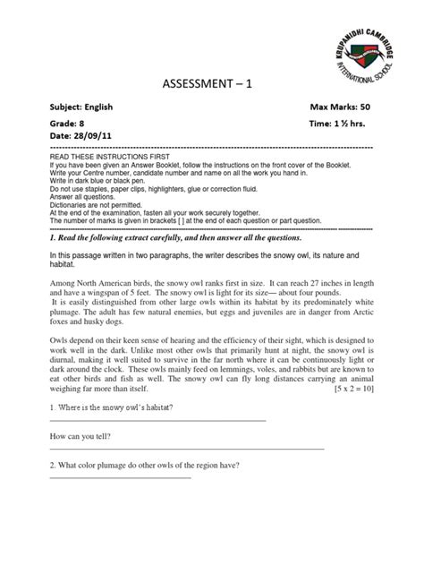 grade  english question paper owl energy development