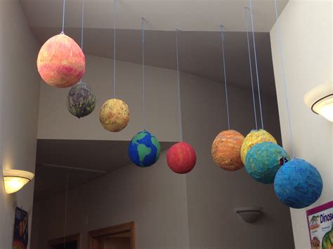 paper mache solar system  kids helped glue  strips  place