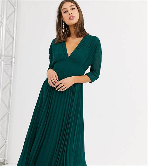 asos design tall geplooide midi jurk met vleermuismouwen groen tall fashion