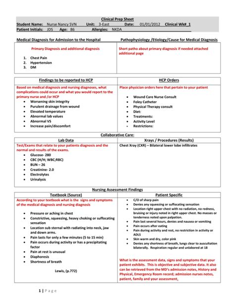 clinical preparation sheet sample