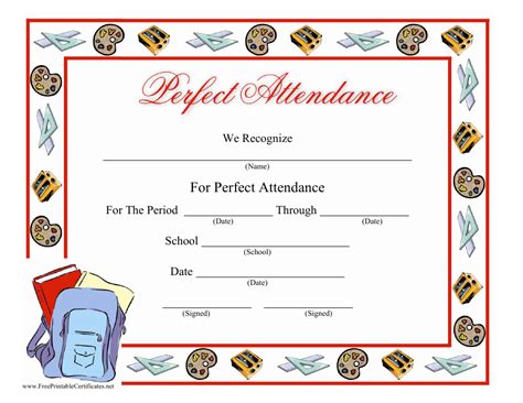perfect attendance certificate template  printable