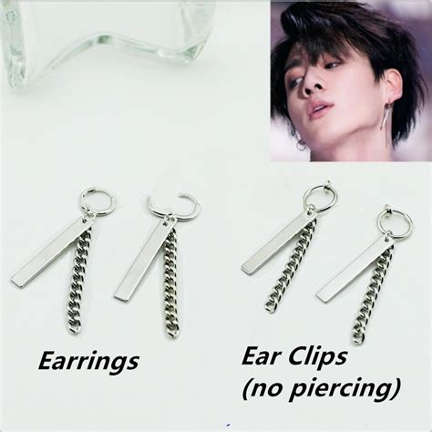 Kpop Bts Jungkook Fake Love Yourself Chain Silver Earrings Fashion Punk
