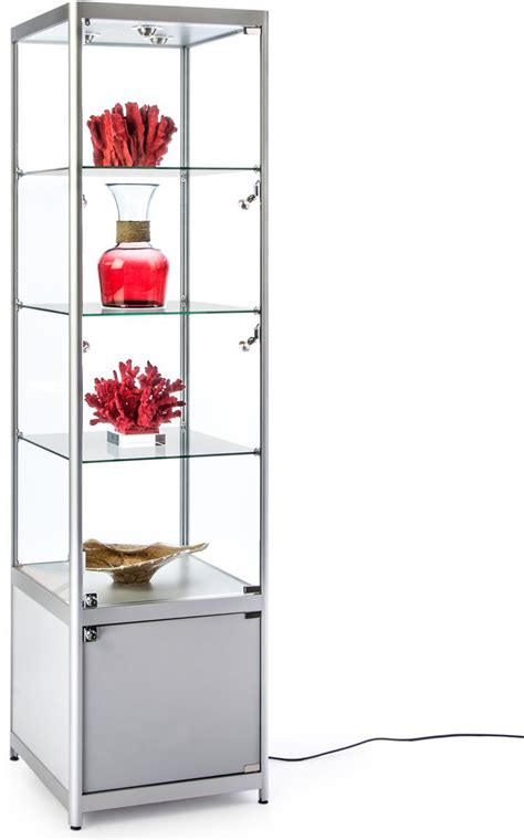 Lighted Silver Tower Display Case 3 Glass Shelves