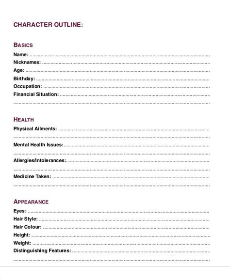 character outline templates  word  format