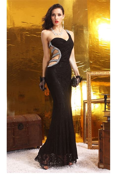 Unsymmetrical One Shoulder Cut Out Black Lace Beaded Evening Prom Dress