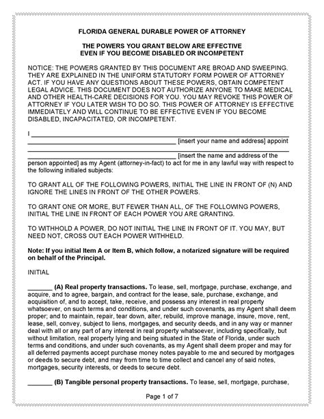 florida durable power  attorney form  printable legal forms
