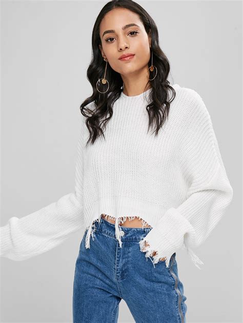 2018 White Sweater Women Black Crop Top Fashion Knit Oversized Frayed