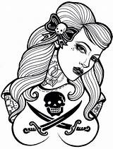 Girl Coloring Pages Pinup Pirate Rockabilly Tattoo Girls Tattoos Skull Designs Clipart Draw Drawing Outline Book Face Ship Sexy Clip sketch template