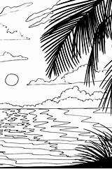 Coloring Beach Pages Sunset Sunrise Ocean Adult Scene Stencil Drawing Natural Scenery Palm Colouring Color Printable Adults Scenes Tree Embroidery sketch template