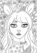 Coloring Portrait Cute Floral Stress Girl Anti Pages Ears Bunny Flowers Background Beautiful sketch template