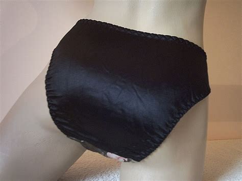 Black Soft Slippery Satin Silky Hi Cut Floral Front Brief Panties