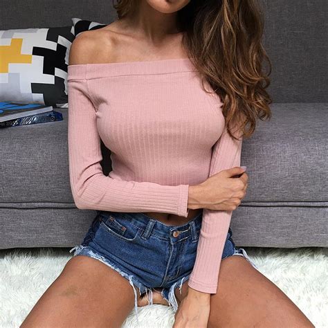 Sexy Off Shoulder Knitted Tees Women Slash Neck T Shirt Long Sleeve