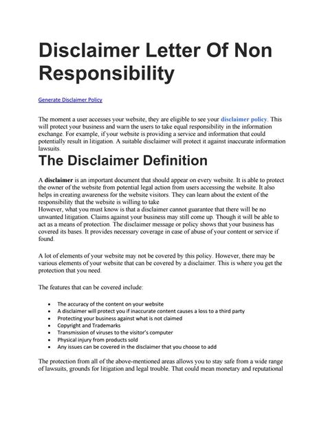 responsibility disclaimer template