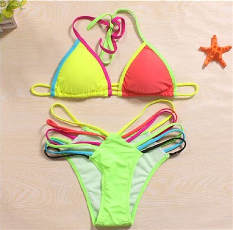 2016 Neon Bandage Bikini Bright Color Sexy Bikini Push Up Swimwear Hot