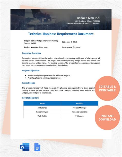 technical business requirements document template  word google docs