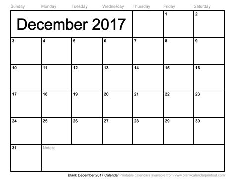 blank december 2017 calendar to print